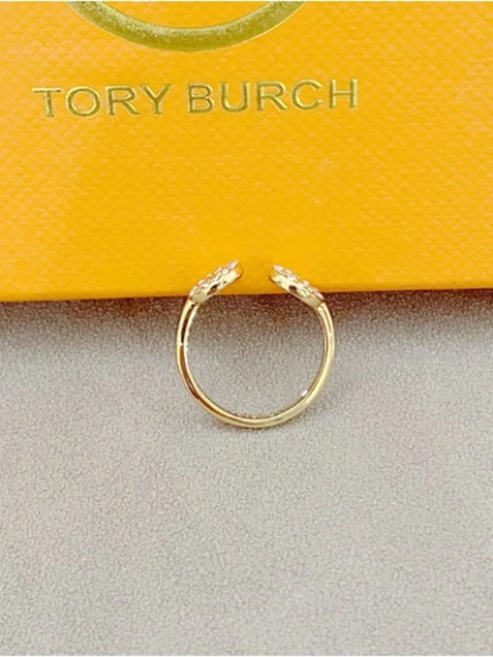Tory Burch Gold Open Double-Emblem Crystal Ring